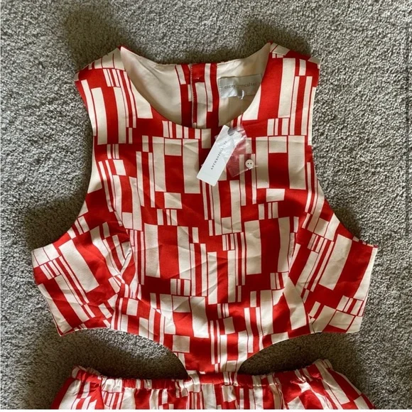 Anthropologie Corey Lynn Calter Cut Out Jumpsuit Red and White Abstract NWT L - Picture 7 of 7